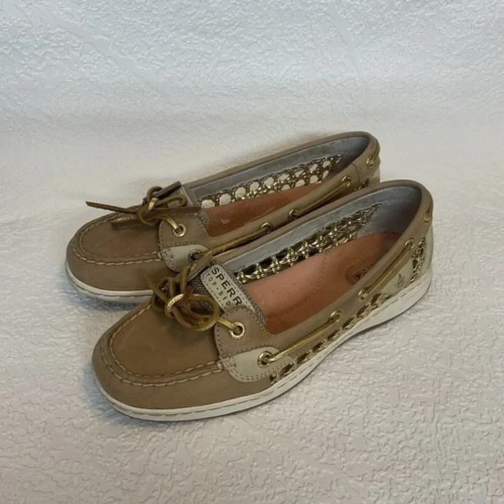 Sperry Top Sider Angelfish Tan/Gold Cage Boat Shoe Women 7M China Leather/Fabric